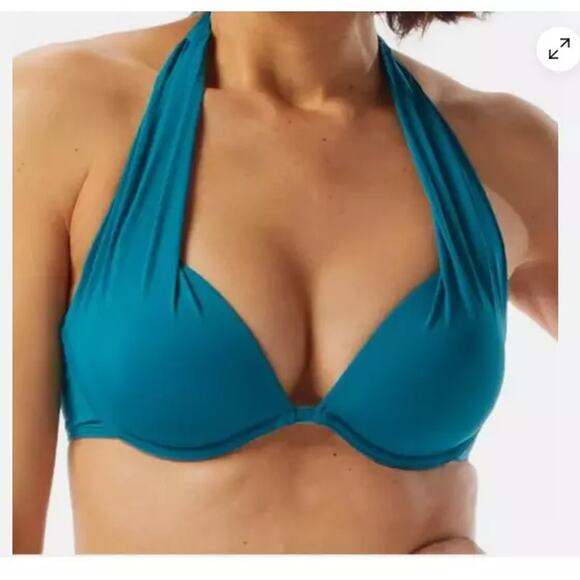 Contours Coco Reef Cameo Underwire Halter Bikini Top 16/40D Teal Cove New Bra - Picture 1 of 6